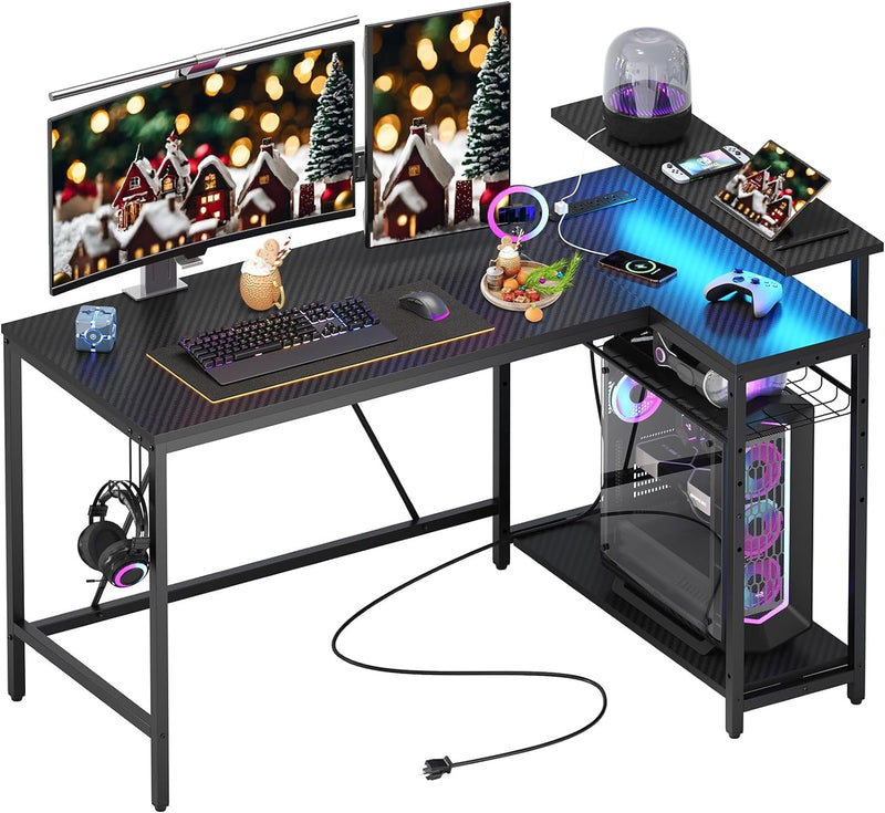 Bestier 52 Gaming Desk with Power Outlet & USB Ports,Reversible Small L Shaped Computer Desk with LED Strip & Headset Hooks,Corner Desk for Home Office Spaces Carbon Fiber Black