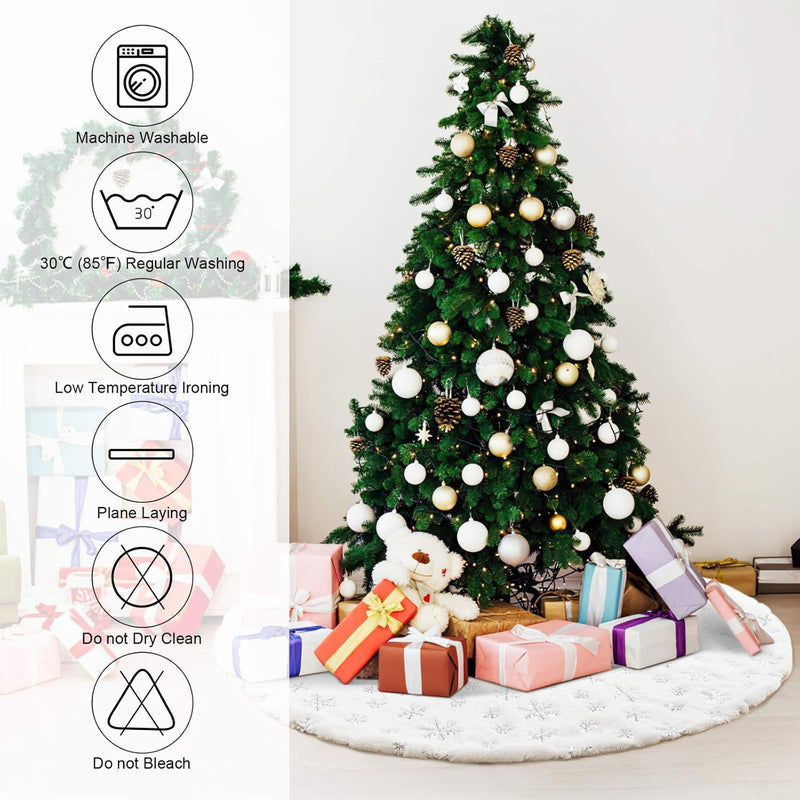 COOLWUFAN 48 Inches Christmas Tree Skirt for Xmas Tree Holiday Party Decorations White Plush Silver Sequin Snowflake (Silver)