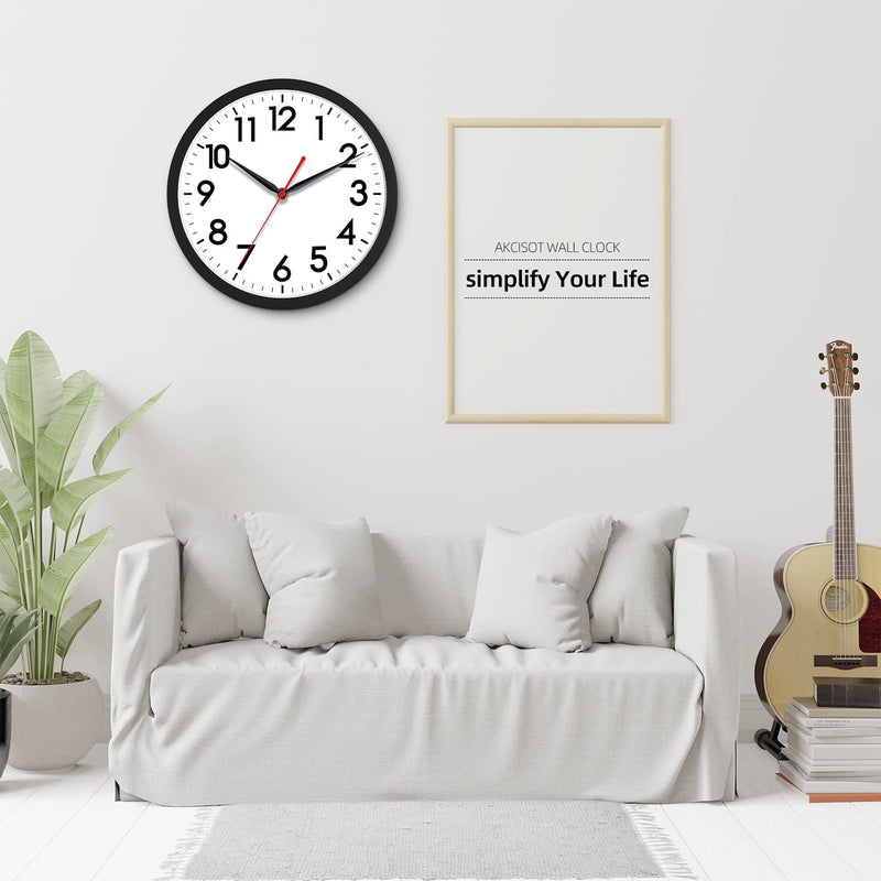 AKCISOT Wall Clock 10 Inch Silent Non-Ticking Modern Clocks Battery Operated - Analog Small Classic for Office, Home, Bathroom, Kitchen, Bedroom, School, Living Room(Black)