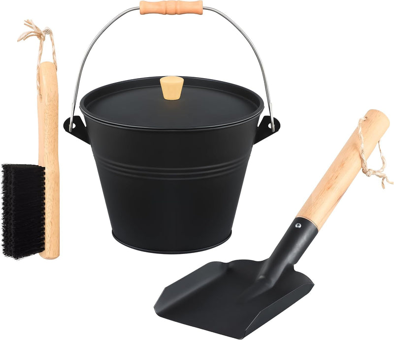 FEED GARDEN 1.5 Gallon Mini Ash Bucket with Lid,Shovel,Broom and Screwdriver,Iron Metal Bucket,Pellet Charcoal Bucket Ash Can for Fireplace Fire Pits,Hearth,Wood Stoves,Indoor Outdoor，Black