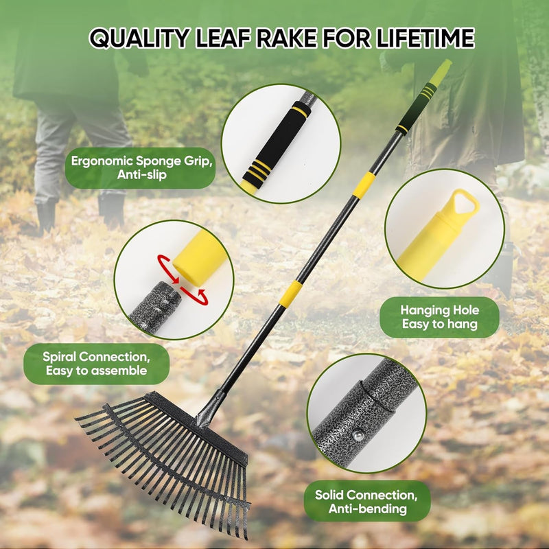 Garden Leaf Rakes, 6FT Rakes for Lawns Heavy Duty 25 Metal Tines 18.5 Inch Wide, Adjustable Long Steel Handle, Rakes for Leaves, Gathering Shrub, Leveling Grass, Flower Beds, Yards