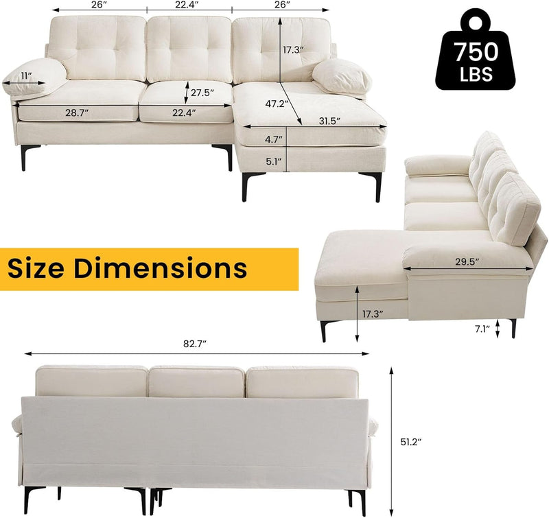 COHOME 83In L-Shaped Couch, Chenille Upholsted Sofa with Reversible Chaise,3-Seat Couch for Living Room, Convertible Sectional Couch with Removable Covers,White