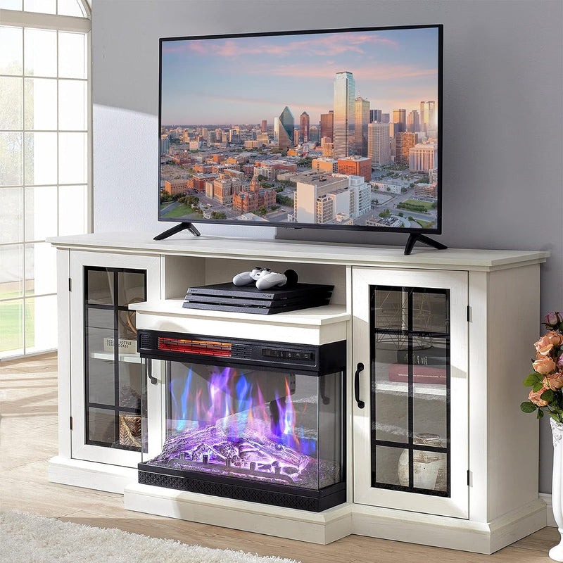AMERLIFE 3-Sided Glass Fireplace TV Stand for Tvs up to 65'' with 12 Color, Media Entertainment Center Console Table with Doors Closed Storage, Distressed White