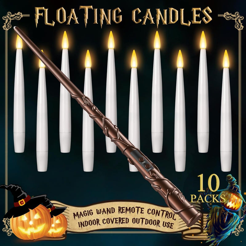 Floating Candles with Wand 10Pcs - Halloween Decorations Magic Hanging Candles Flickering Warm Light LED Flameless Candles with Remote, Christmas Lights for Window Home Bedroom Birthday Party Decor