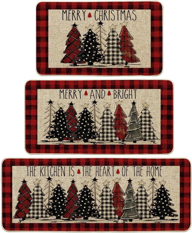 Artoid Mode Buffalo Plaid Xmas Tree Merry Christmas Kitchen Mats Set of 2, Winter Home Decor Low-Profile Kitchen Rugs for Floor - 17X29 and 17X47 Inch