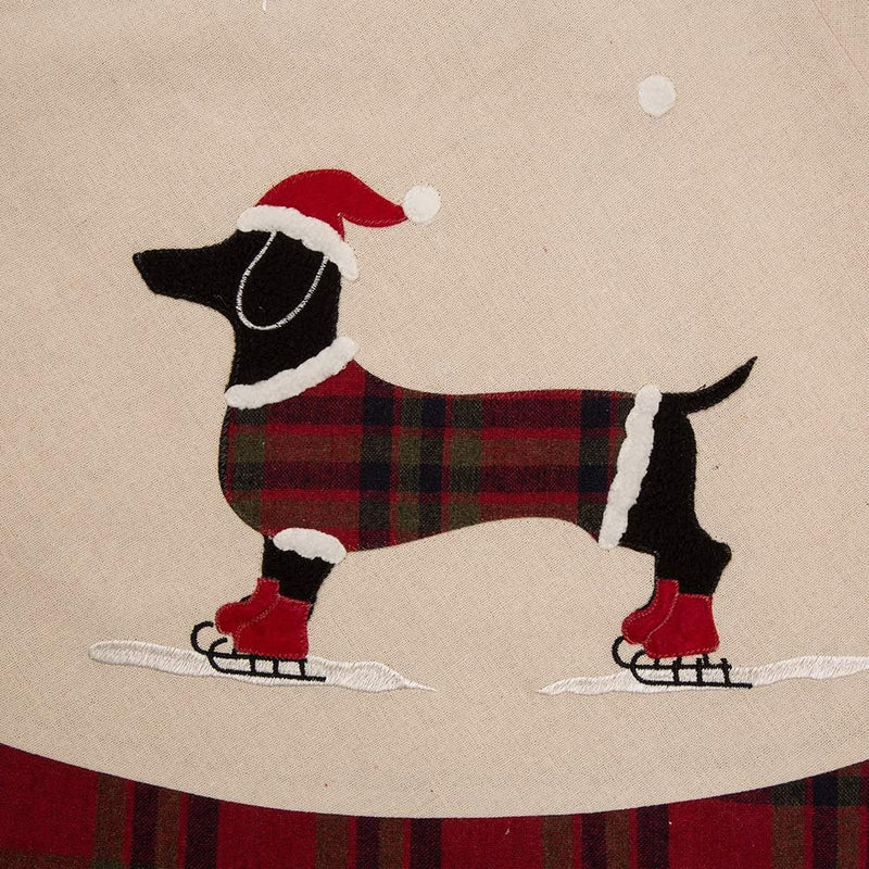 Glitzhome Christmas Tree Skirt 48" Fabric Dachshund Pattern Plaid Edge Large round Tree Skirt for Holiday Xmas Party Decorations