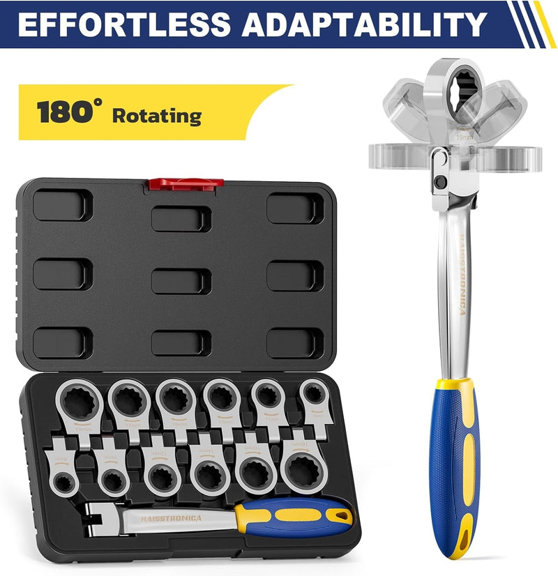 Haisstronica 12 in 1 Interchangeable Heads Ratcheting Combination Wrench Set, 8-19Mm Metric Flex Head Ratchet Wrench Tool for Auto, Tools for Men Gift