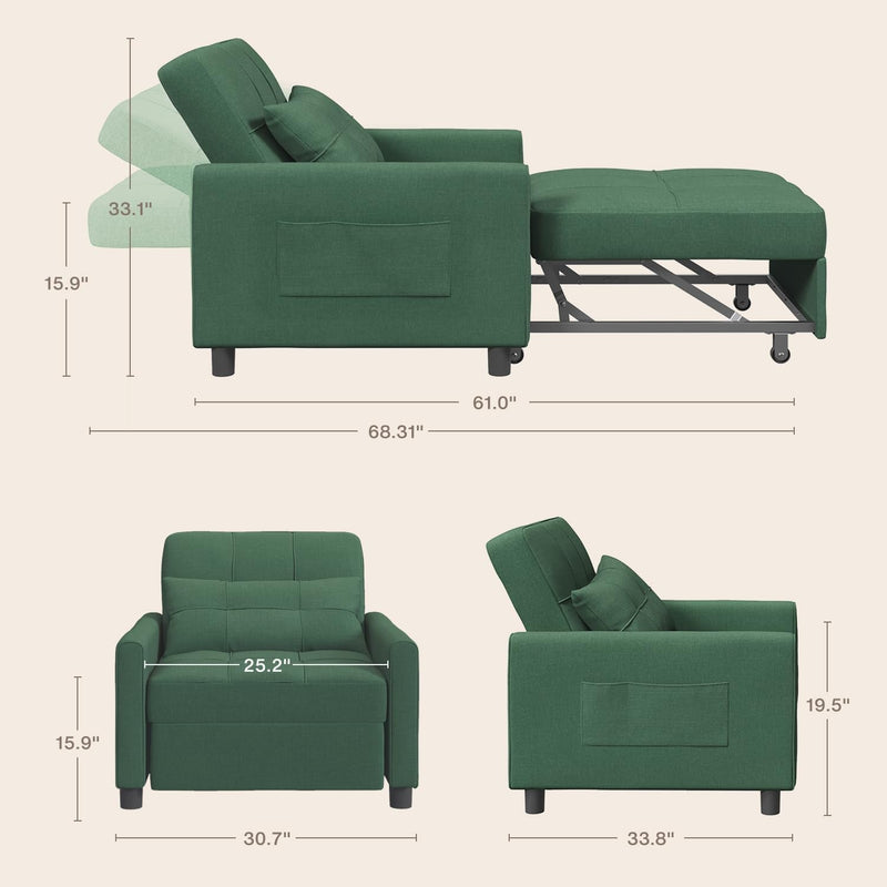 3 in 1 Sleeper Chair Bed, Multi-Functional Sofa Bed with Pillow, Pull Out Convertible Sofa Chair with Adjustable Backrest with Modern Linen Fabric for Living Room Apartment, Green