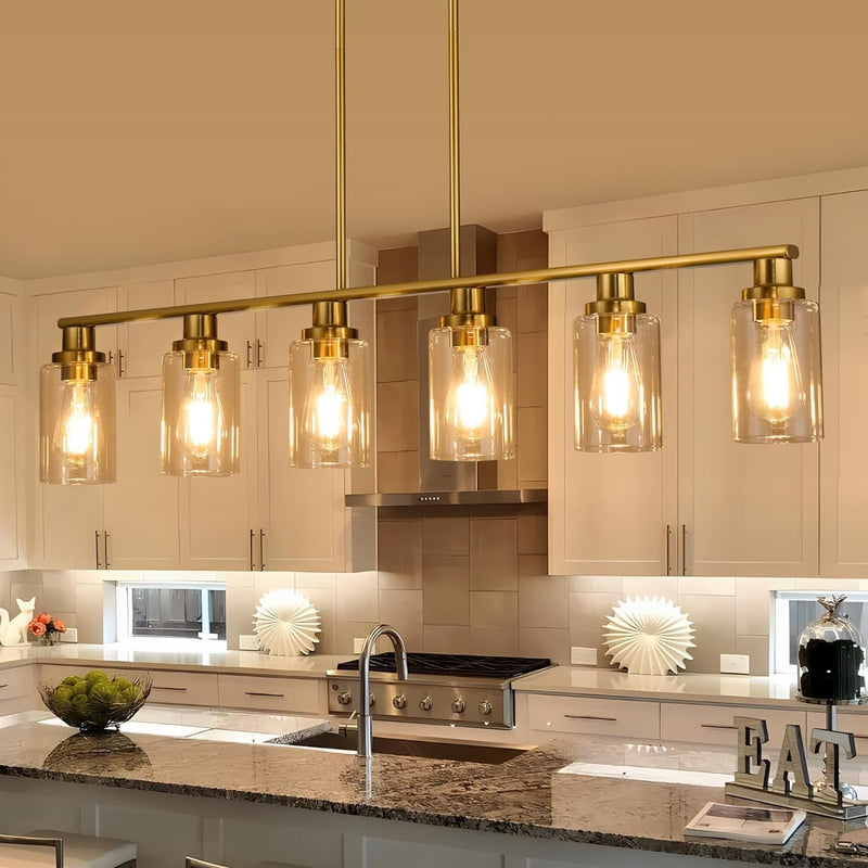 Dining Room Light Fixture,5-Light Farmhouse Linear Chandeliers for Dining Room over Table，Matte Black and Gold Finish Kitchen Island Pendant Lighting for Kitchen Island，Pool Table Light