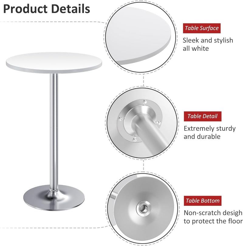 Furmax Bistro Pub Table round Bar Height Cocktail Table Metal Base MDF Top Obsidian Table with Silver Leg 23.8-Inch Top, 39.5-Inch Height, White