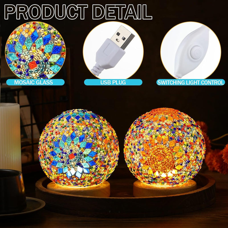 2 Pcs Turkish Lamp Moroccan Lamp Glass Mosaic Ball Lights Bohemian Style Lamp Mosaic Lamps with Wooden Base for Living Room Bedroom Decorations USB Power Supply, 2 Colors