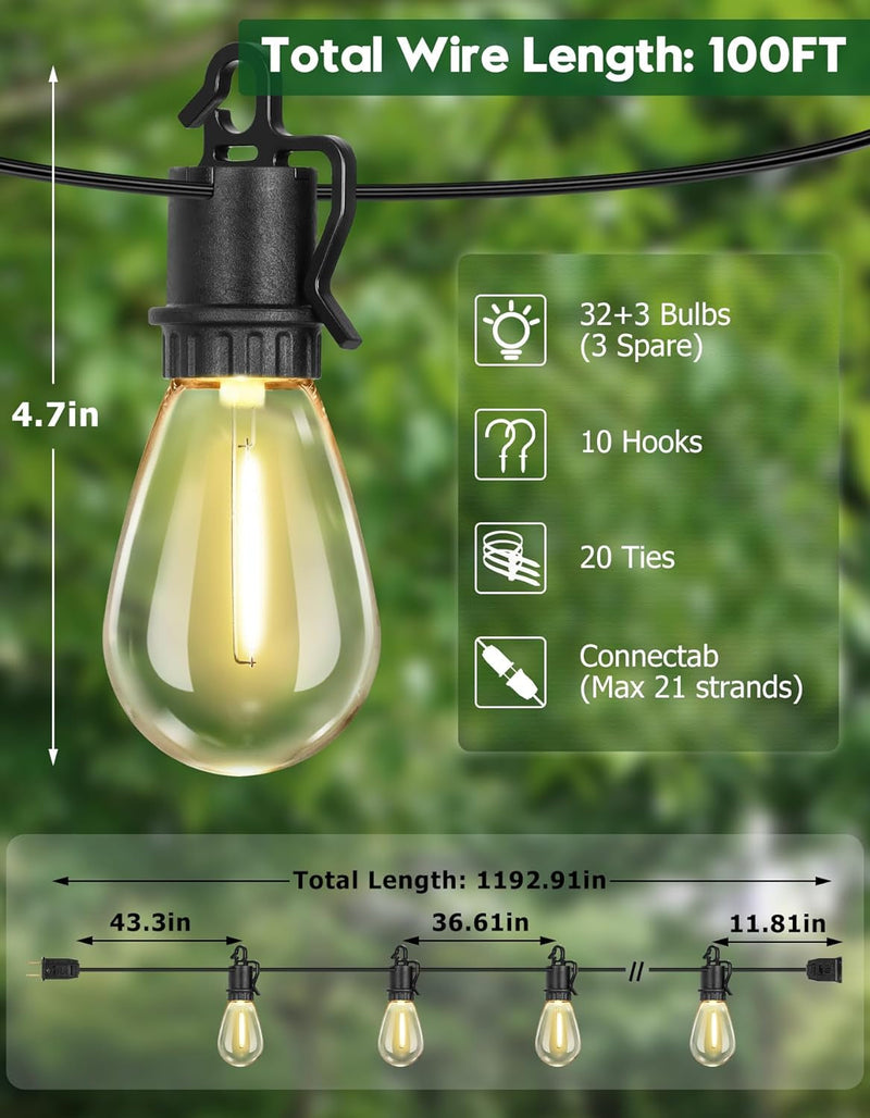 100FT Outdoor String Lights Waterproof, Outdoor Lights with S14 Shatterproof Bulbs, Connectable Hanging Patio Lights, IP55 Commercial Grade LED Outdoor String Lights for Outside, Patio, Bistro