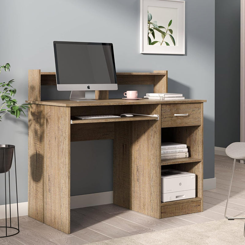 BELLEZE Modern 42 Inch Small Home Office Computer Laptop Desk or Writing Study Workstation in Wood with Single Drawer, Two Open Cubby Storages, and Hutch - Wren (Wood)