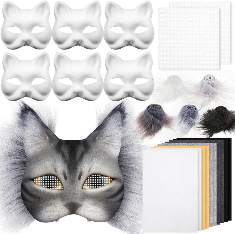 DIY Therian Mask Kit Blank Cat Mask with Felt Fabric Sheet Plush Faux Fur Eye Mesh for Therian Gear Therian Stuff