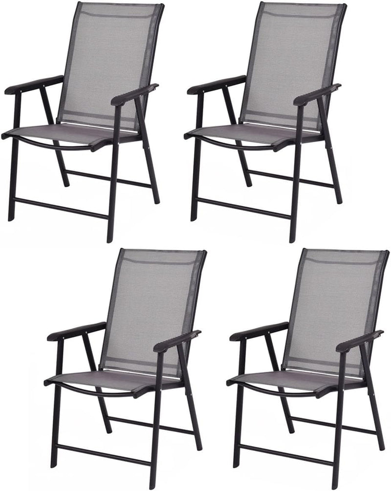 Giantex Set of 4 Patio Chairs, Outdoor Folding Chairs, Portable Dining Chairs for Garden Camping Poolside Beach Deck, Lawn Chairs with Armrest, 4-Pack Sling Chairs, Metal Frame, Grey