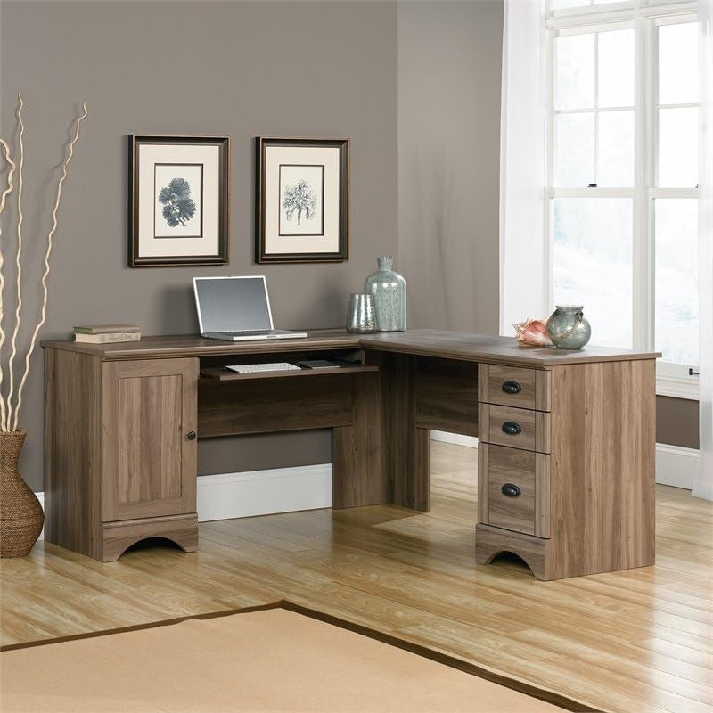 BOWERY HILL L-Shaped Home Office Computer Desk in Salt Oak with Storage Drawers