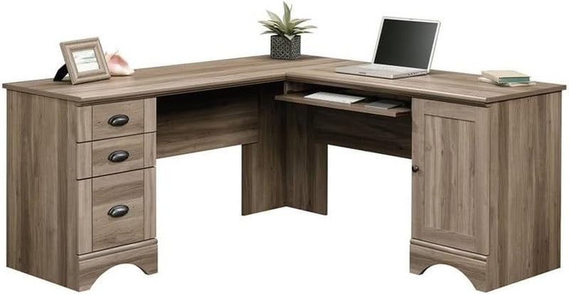 BOWERY HILL L-Shaped Home Office Computer Desk in Salt Oak with Storage Drawers