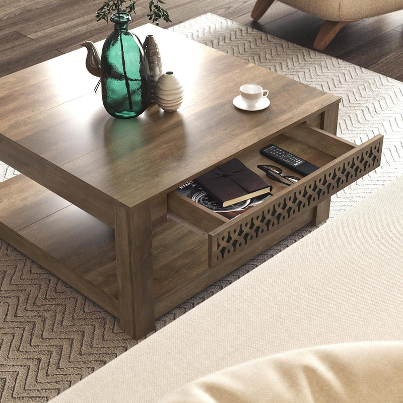 Galano Japtur Coffee Table, Modern Top Rectangular Coffee Table with Storage Drawer, 2 Tier Center Table for Living Room, Office, Balcony, 31.5" D X 31.5" W X 16.34" H, Knotty Oak