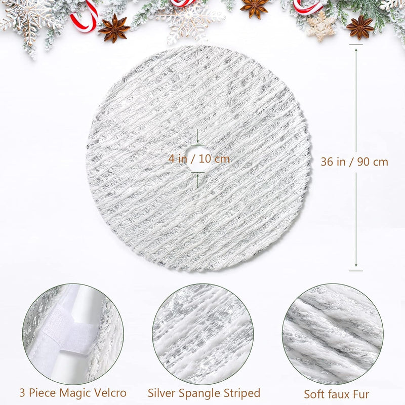 Dremisland Christmas Tree Skirt White&Silver Bronzing Luxury Faux Fur Tree Skirt with Sequin Stripes Soft Plush Xmas Tree Skirt for Winter Party Holiday Xmas Decorations (Sliver, 36Inch/90Cm)