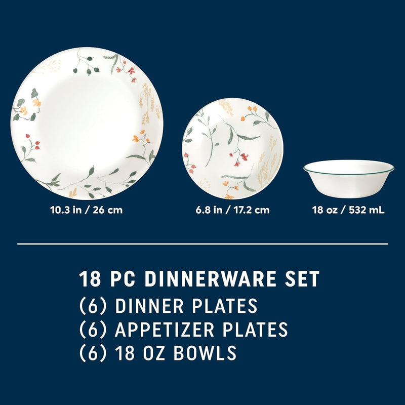 Corelle Vitrelle 18 Piece Glass Dinnerware Sets, Service for 6, Triple Layer Chip & Crack Resistant Glass Plate and Bowl Sets, Wildflower