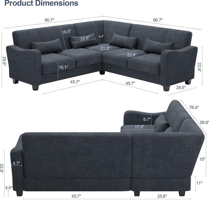 Belffin Fabric L Shaped Sofa Small Sectional Couch with Chaise Solid Corner Sofa Small L Couches 4 Seater Sofa Bluish Grey