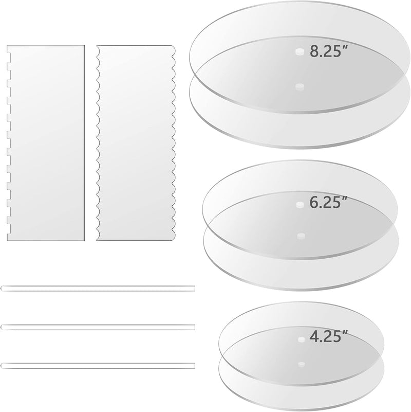 Boyun Acrylic Cake Disk Set, 3-Piece (6.25'' + 8.25'' + 10.25''), Includes Comb Scrapers, Dowel Rods, Bpa-Free