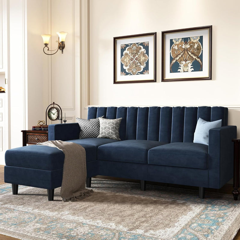 HONBAY Convertibel Sectional Couch for Small Space, L Shaped Couch with Reversibel Chaise, Velvet Sectional Sofa, Pet-Friendly Sectional Couch, Blue