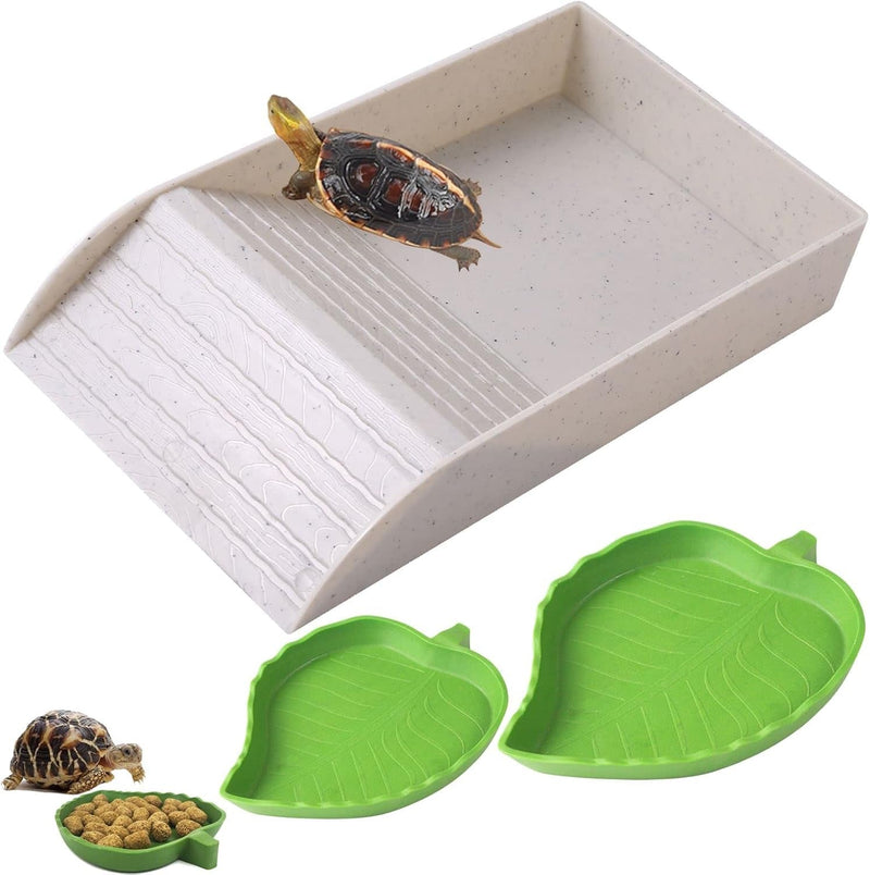 3Pcs Tortoise Food Dish with Ramp and Basking Platform Leaf Tortoise Water Food Bowls Reptile Water Dish Turtle Reptile Pool for Amphibians Brown