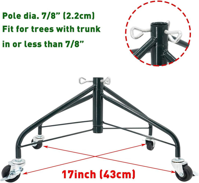 ELFJOY Christmas Tree Stand with Swivel Caster Wheels for 3-7Ft. Artificial Tree Base 17Inch, Christmas Tree Iron Stand, 7/8Inch Inner Diameter, Movable Tree Base, Green Tree Stand (Green)