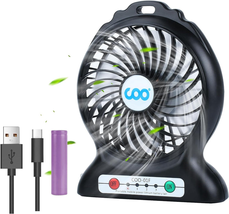 COO Mini Portable Battery Operated Desk Fan with Flashlight, 3 Speeds Adjustable, Rechargeable Small Desk Fan for Home Office Bedroom Outdoor Backpacking Camping, 4.5 Inch, Black