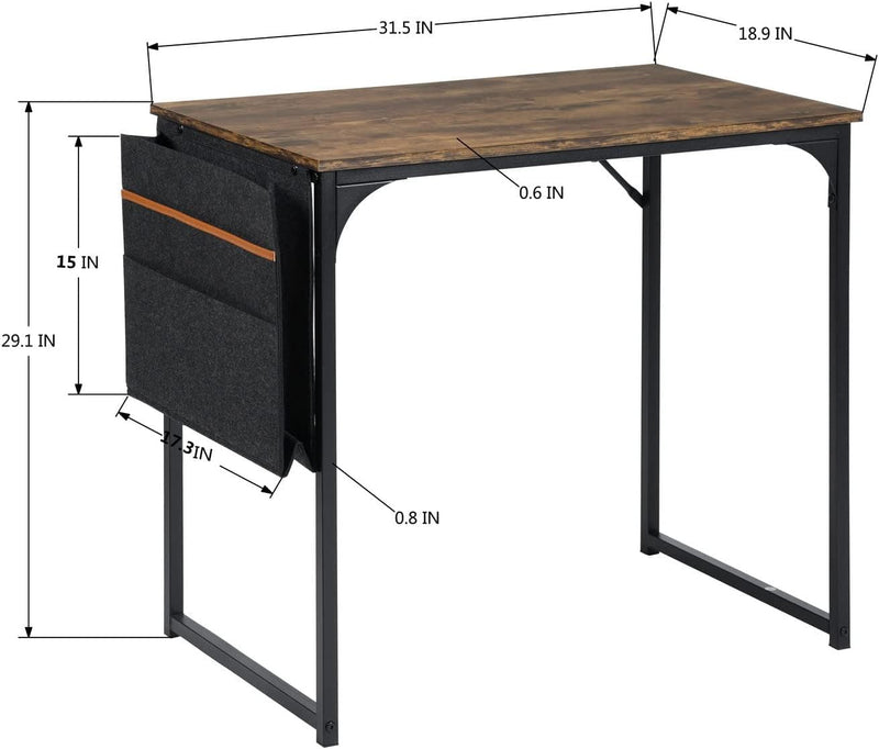 Furniturer Computer Desk 32 Inch Study Writing Table with a Storage Bag Space Saving for Home Office, Modern Simple Style PC Desk, Black Metal Frame, Brown Table Top