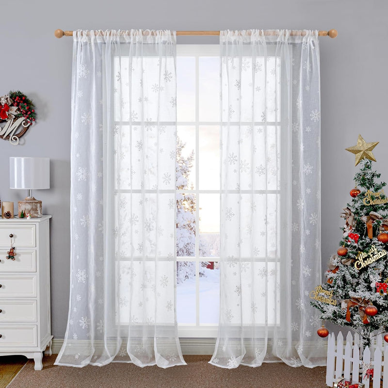 Bgment Christmas Curtains for Living Room 84 Inch Length 2 Panels Set, Snowflake Linen Look Sheer White Curtains Rod Pocket Window Curtains for Dining Room Xmas Holiday Decoration, Set of 52 X 84 Inch