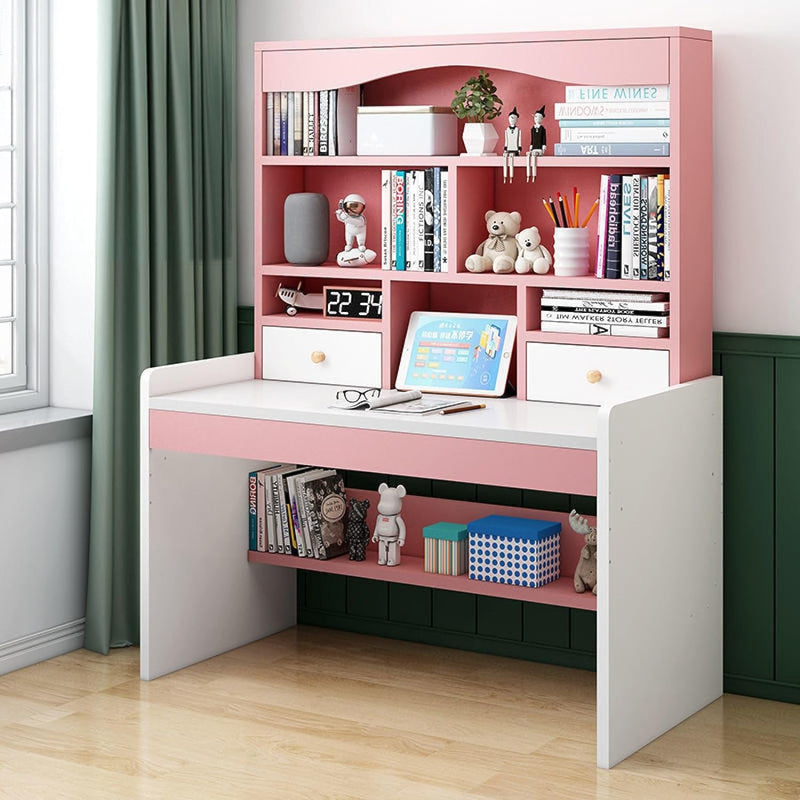 Computer Desk with 2 Storage Drawers & Bookshelf, Adjustable Height Writing Study Desk Teenager Compact Desk & Workstations for Girl Boy(120Cm, Pink)