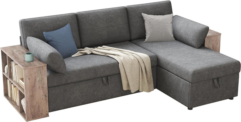 AMERLIFE Sleeper Sofa, 2 in 1 Pull Out Couch Bed with 2 Cabinet Armrest, L Shape Oversized Sofa Bed with Storage Chaise, Grey Linen Couch