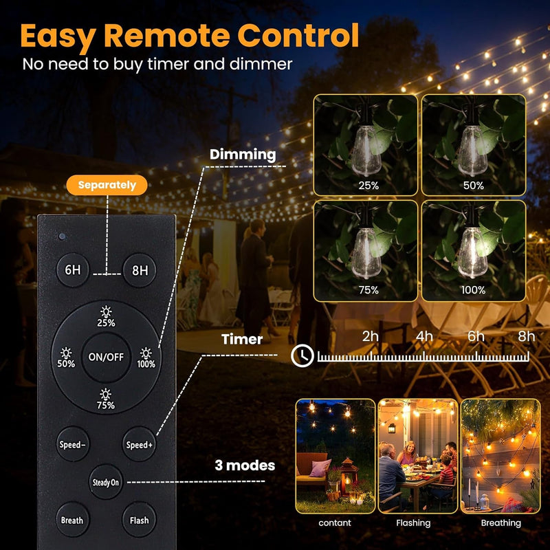 150FT Solar Outdoor String Lights Waterproof, Solar Powered Patio Lights with 52 Shatterproof ST38 Edison Bulbs & Remote Control,Dimmable LED Solar String Lights for Outside