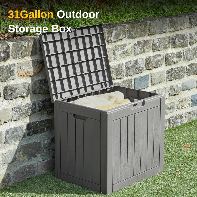 EAST OAK Outdoor Storage Box, 31 Gallon Deck Box Indoor and Outdoor Use, Waterproof Resin Storage Bin for Package Delivery, Patio Cushions, Gardening Tools, Lockable, UV Resistant, Grey