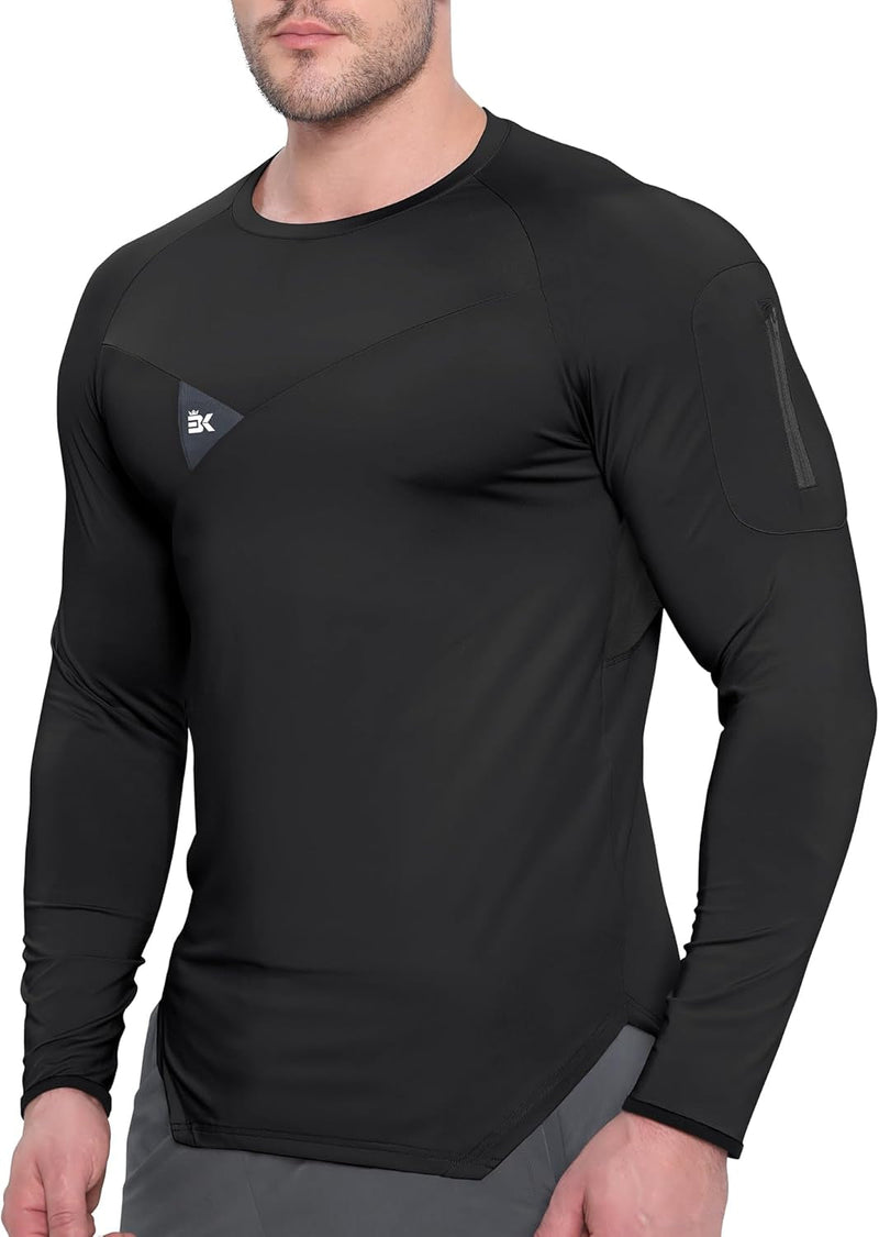 BROKIG Men'S Armzip Long Sleeve Running Shirts Quick Dry Sun Protection UV UPF 50+ Jogging T Shirts Zip Pocket Gym Workout