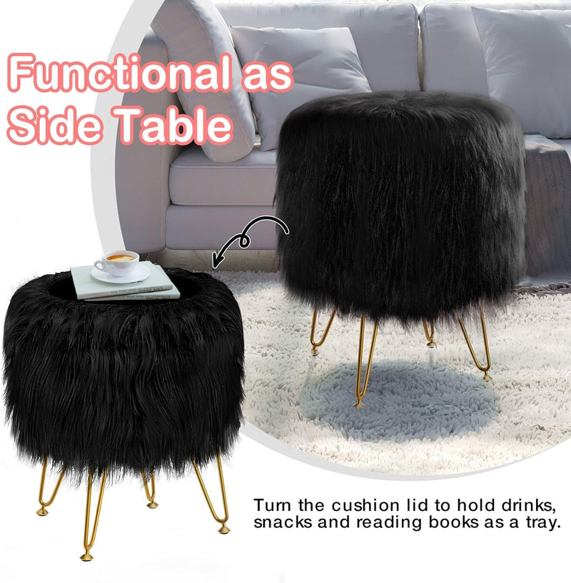 GREENSTELL Vanity Stool Chair with Storage, 13.5" W X 18" H round Faux Fur Ottoman with 4 Metal Legs, Furry Padded Seat, Modern Multifunctional Makeup Stool for Bedroom Living Room Black