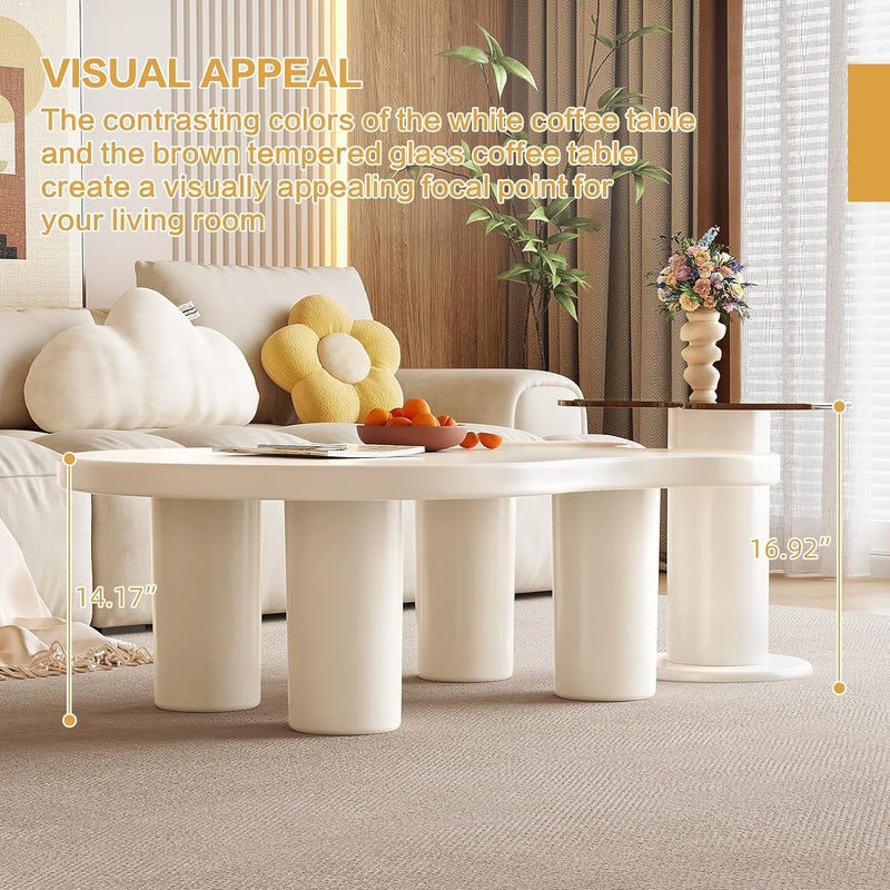 43.81" Modern Nesting Coffee Tables Set of 2, 2 in 1 Irregular Coffee Table, with Glass Top End Table for Living Room, Bedroom, Office, Small Spaces, Easy to Assemble,Cream White