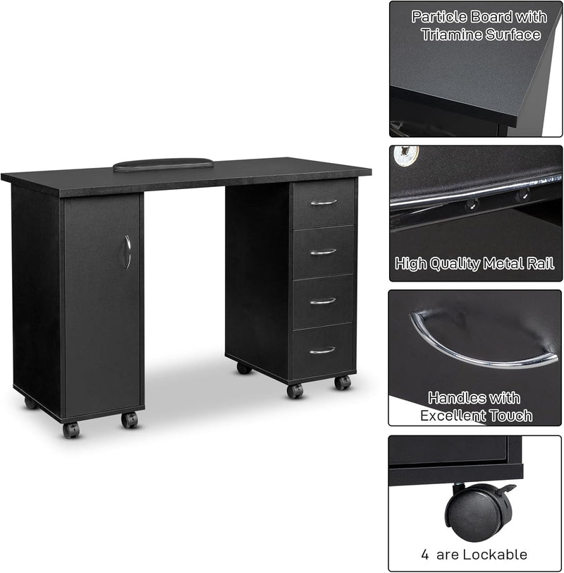 Black 47" Mobile Home Office Desk with Cabinet & 4 Drawers, Rolling PC Desks Table, Computer Desk on Wheel, Office Desk with Storage Shelves, White Desk, Mobile Training Table for Collaboration