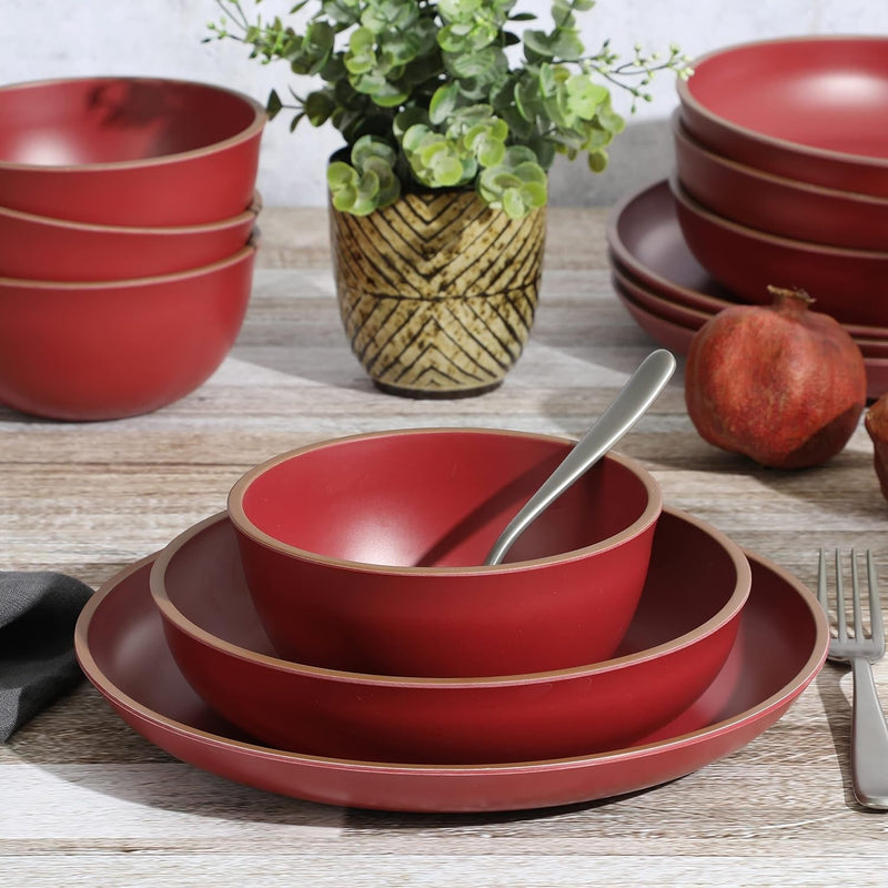 Gibson Home Rockabye 12 Piece Double Bowl Melamine Dinnerware Set - Matte Red