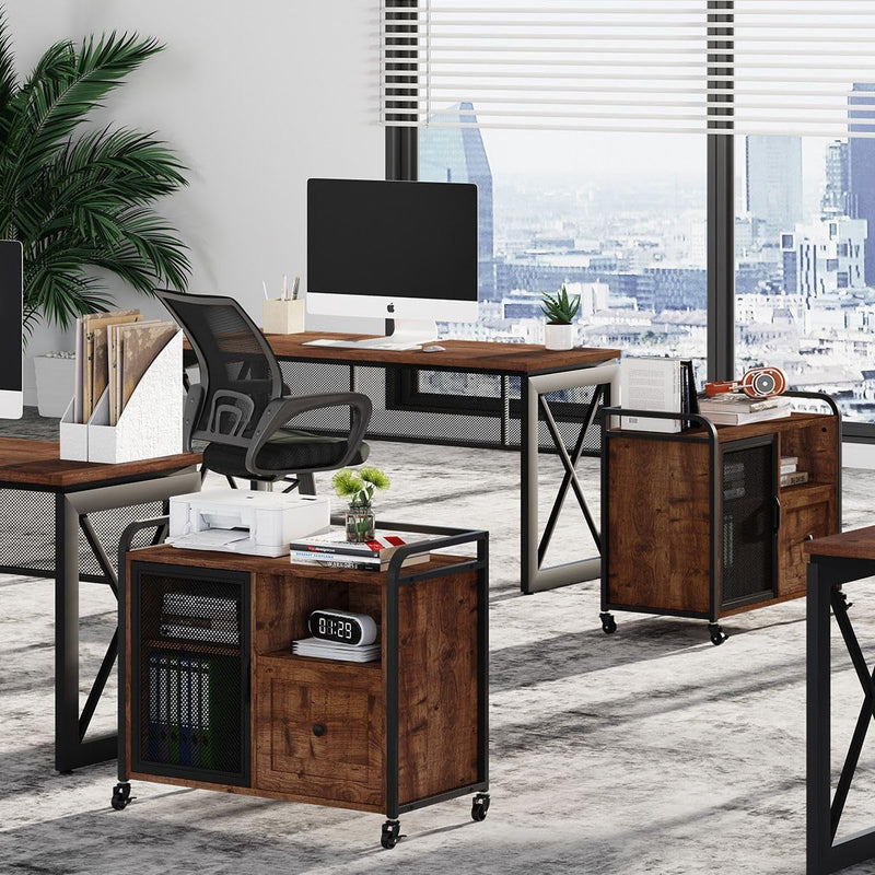 BON AUGURE Computer Desk with Mobile File Cabinet, Office Desk with Filing Cabine and Floders Organization for Home Office (Rustic Oak)