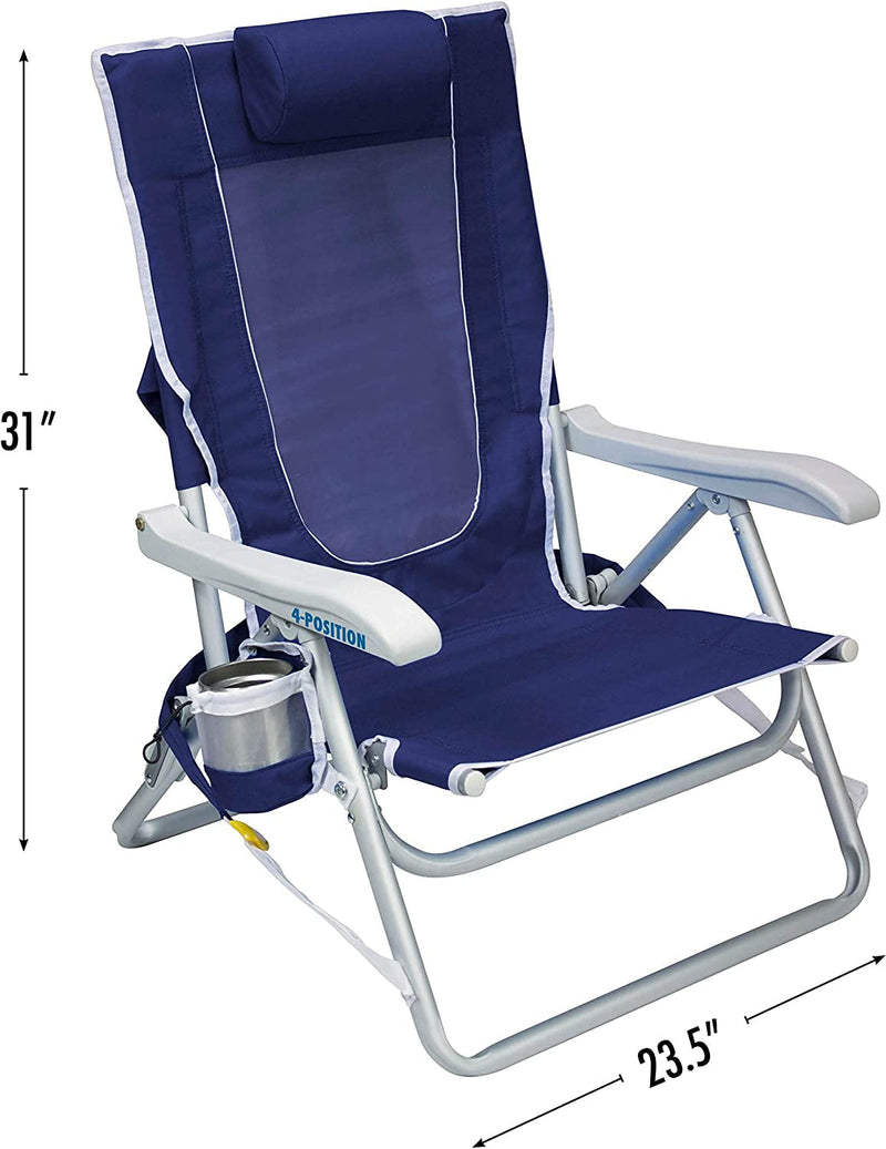 GCI OUTDOOR Backpack Beach Chair | Reclining Folding Chair with Durable Armrests, Drink Holder & Carry Straps, Perfect for Beach Trips & Picnics — Nautical Blue