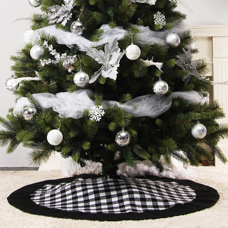 Black and White Buffalo Plaid Check Christmas Tree Skirt 48 Inches, Country Xmas Tree Decorations Tree Skirts Double Layers Holiday Ornaments