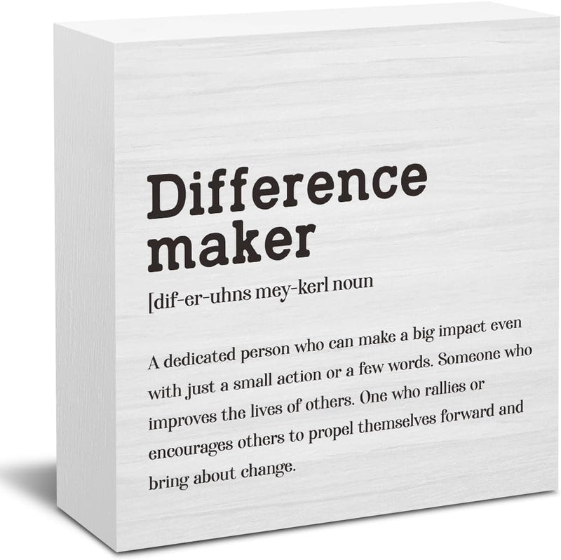 Difference Maker Definition Home Office Decor Wooden Box Sign, Motivational Farmhouse Decorative Positive Office Desk Accessories Wood Plaque Affirmations Wood Table Sign for TV Cabinet Shelf