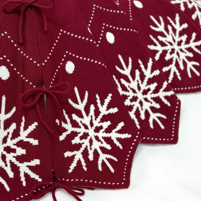 60-Inch Wavy Edged Reversible Knit Christmas Tree Skirt: Burgundy & White Snowflake Pattern with Lace Ties