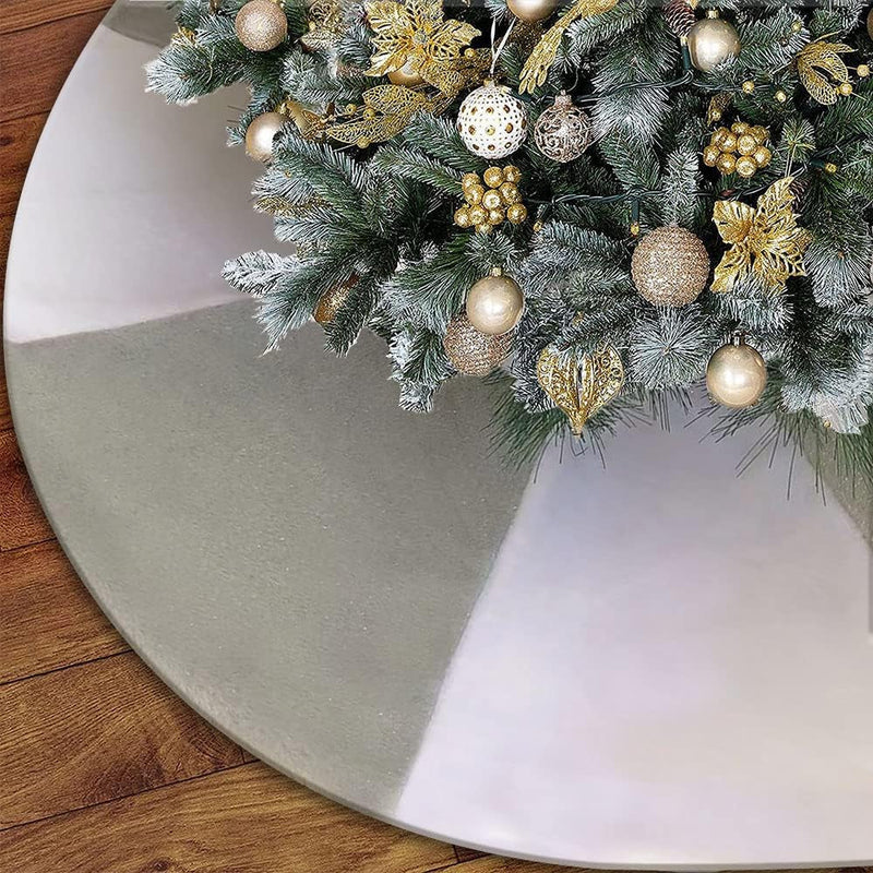 Christmas Tree Skirt, 48 Inch Large White & Grey Faux Fur Christmas Tree Base Mat with Silver Tinsel for Xmas Decoration or Home Décor