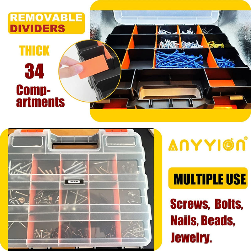 Anyyion Small Parts Organizer, 34-Compartments Double Side Parts Organizer with Removable Dividers for Hardware, Screws, Bolts, Nails, Beads, Jewelry & More by Stalwart