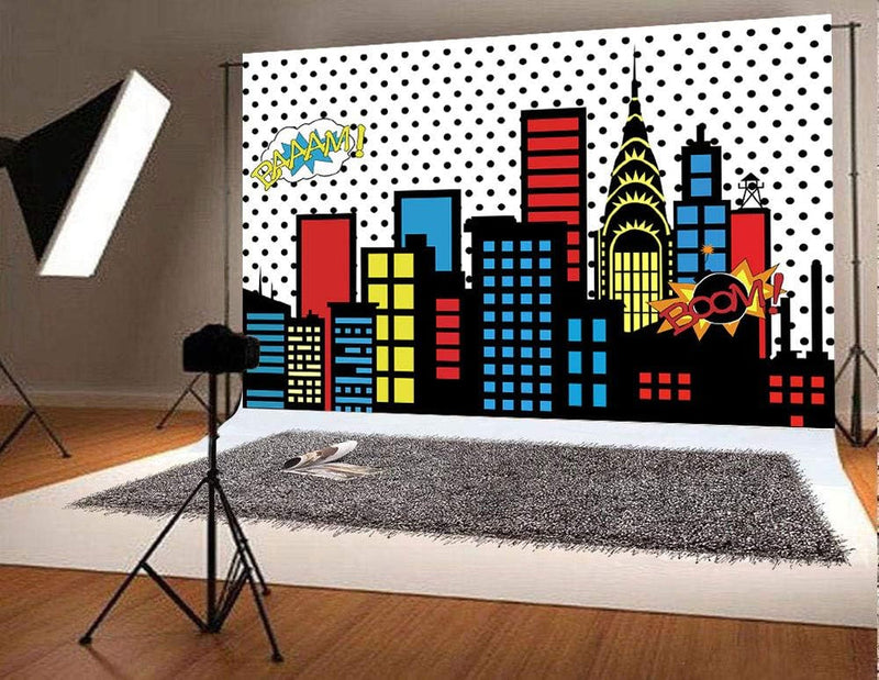 Art Studio 7X5Ft Superhero Super City Photography Backdrops Skyline Buildings City Boom Photo Background Children Birthday Party Banner Photo Studio Booth Cake Table Decor Vinyl