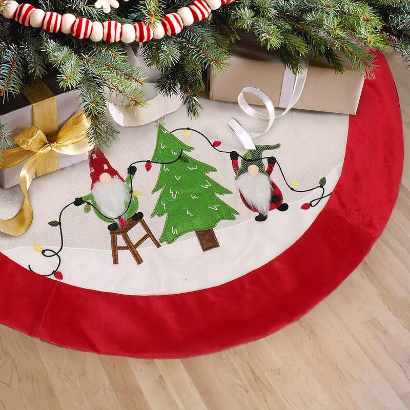 Burlap Christmas Tree Skirt, 48 Inch Soft Red Edge Tree Mat with Gnomes & String Lights Xmas Tree Skirt Christmas Holiday Decorations for Home Party Indoor